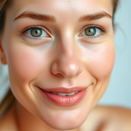 A close-up of a person with a clean and fresh face, glowing skin, bright eyes, and minimal makeup, looking directly at the camera with a gentle smile