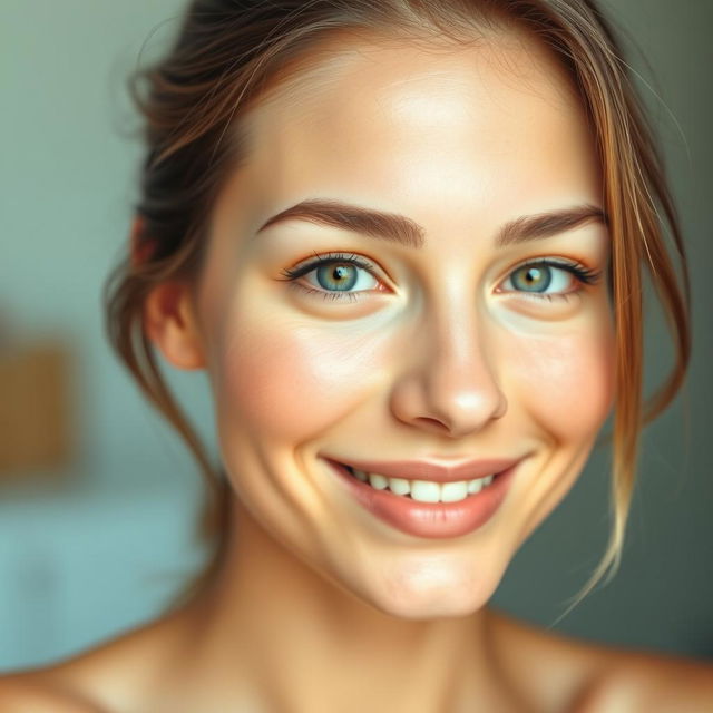 A close-up of a person with a clean and fresh face, glowing skin, bright eyes, and minimal makeup, looking directly at the camera with a gentle smile