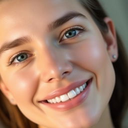 A close-up of a person with a clean and fresh face, glowing skin, bright eyes, and minimal makeup, looking directly at the camera with a gentle smile
