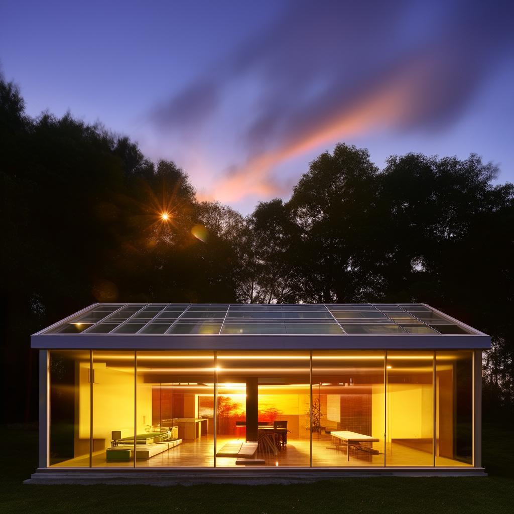 A state-of-the-art glass house during a gorgeous, golden sunset with light reflecting off its sleek, transparent walls.