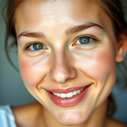 A close-up of a person with a clean and fresh face, glowing skin, bright eyes, and minimal makeup, looking directly at the camera with a gentle smile