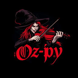 A visually striking logo for 'Oz-py' featuring a fierce witch with bright red hair, passionately playing a violin