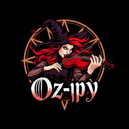 A visually striking logo for 'Oz-py' featuring a fierce witch with bright red hair, passionately playing a violin