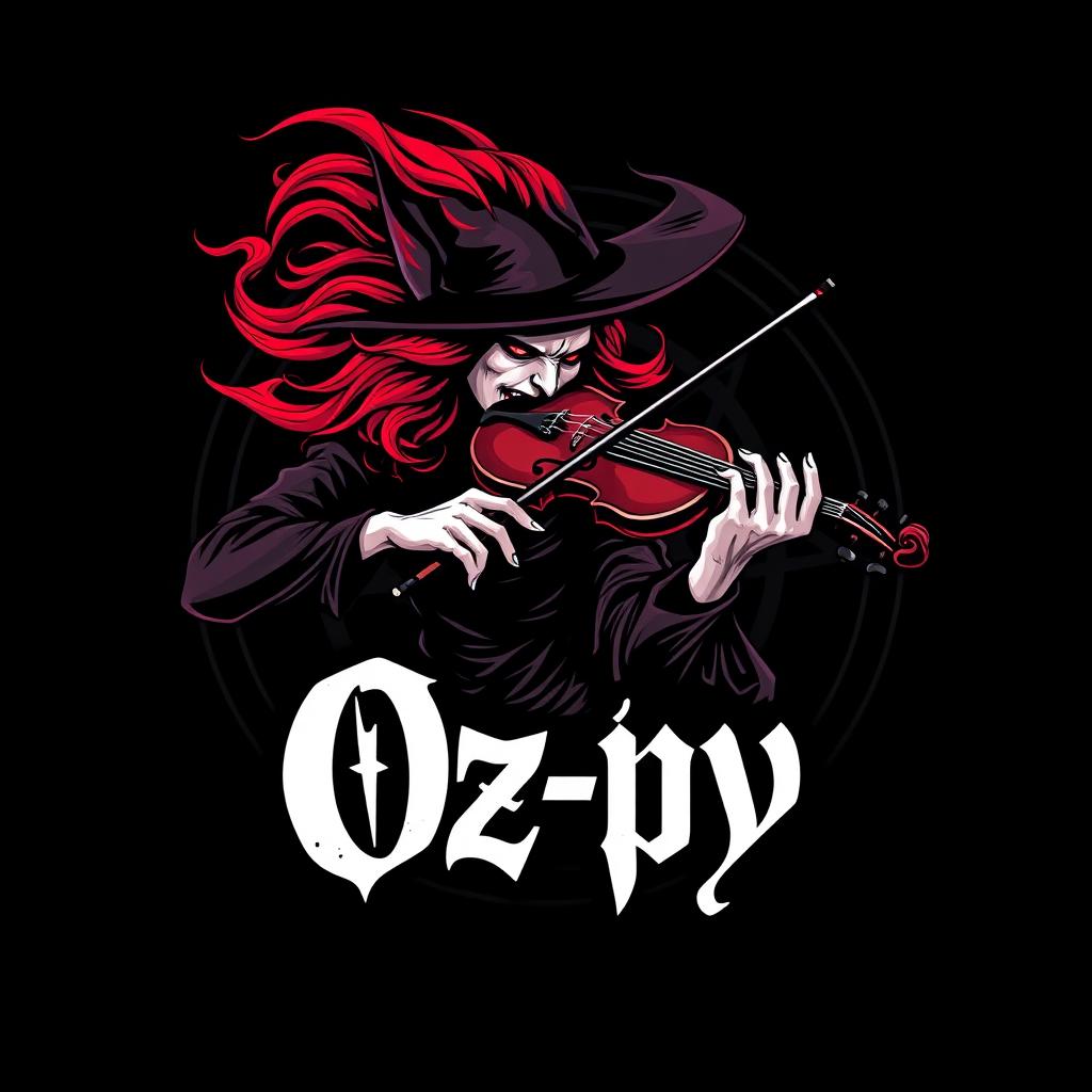 A visually striking logo for 'Oz-py' featuring a fierce witch with bright red hair, passionately playing a violin