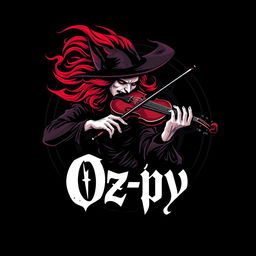 A visually striking logo for 'Oz-py' featuring a fierce witch with bright red hair, passionately playing a violin