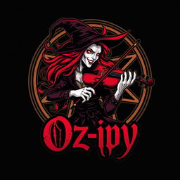 A visually striking logo for 'Oz-py' featuring a fierce witch with bright red hair, passionately playing a violin