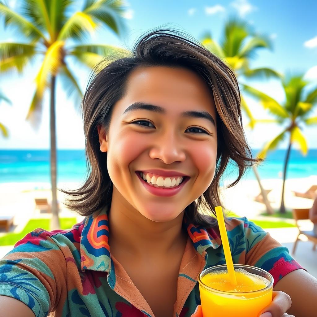 A vibrant and cheerful selfie of a Filipino individual with a warm smile, capturing the essence of Filipino culture