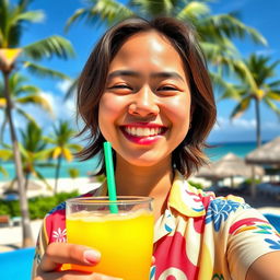 A vibrant and cheerful selfie of a Filipino individual with a warm smile, capturing the essence of Filipino culture