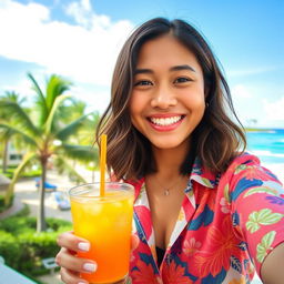 A vibrant and cheerful selfie of a Filipino individual with a warm smile, capturing the essence of Filipino culture