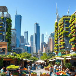 A vibrant and futuristic cityscape where businesses operate harmoniously with nature, showcasing green architecture, renewable energy sources like solar panels and wind turbines, and lush vertical gardens