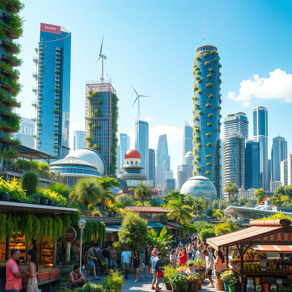 A vibrant and futuristic cityscape where businesses operate harmoniously with nature, showcasing green architecture, renewable energy sources like solar panels and wind turbines, and lush vertical gardens