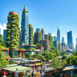 A vibrant and futuristic cityscape where businesses operate harmoniously with nature, showcasing green architecture, renewable energy sources like solar panels and wind turbines, and lush vertical gardens