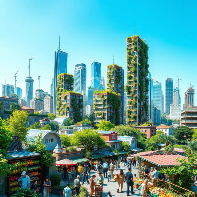 A vibrant and futuristic cityscape where businesses operate harmoniously with nature, showcasing green architecture, renewable energy sources like solar panels and wind turbines, and lush vertical gardens