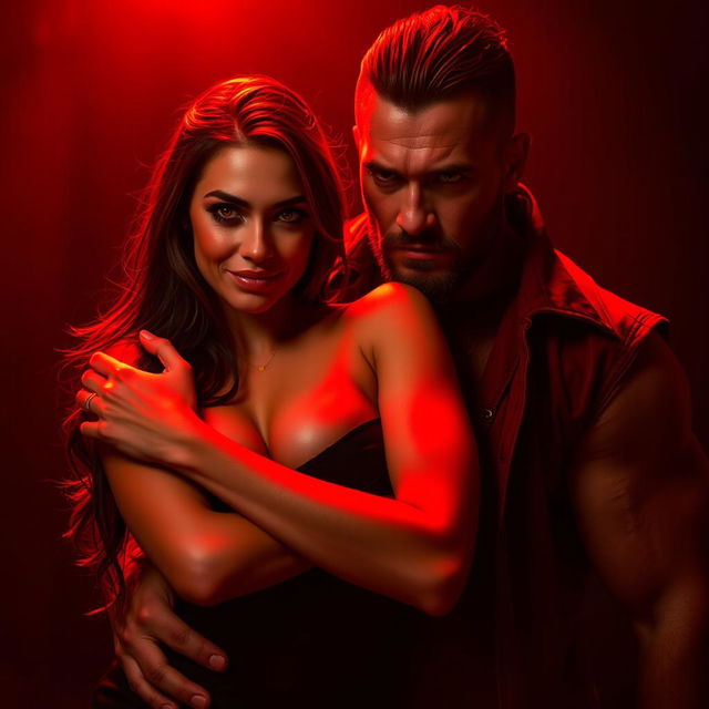 A striking image of a sexy woman embracing a fierce-looking man, both exuding confidence and intensity