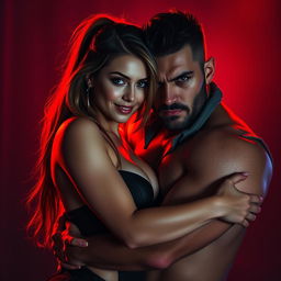 A striking image of a sexy woman embracing a fierce-looking man, both exuding confidence and intensity