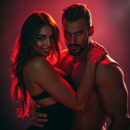 A striking image of a sexy woman embracing a fierce-looking man, both exuding confidence and intensity