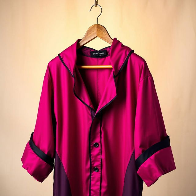 A vibrant magenta black jersey, beautifully styled and hanging on a vintage wooden hanger against a soft-focus, neutral background