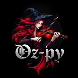 A compelling logo for 'Oz-py' showcasing a striking witch with vivid red hair, enchantedly playing a violin