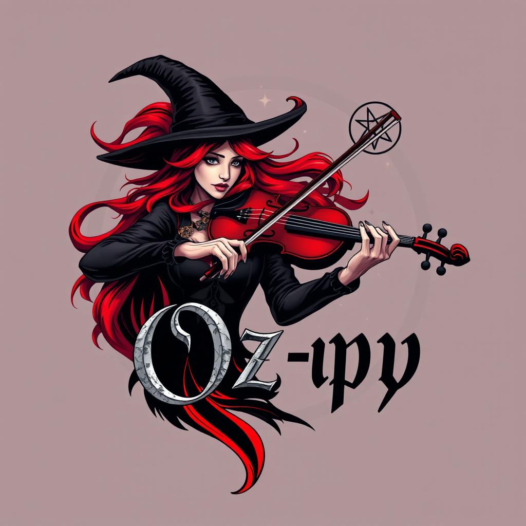 A compelling logo for 'Oz-py' showcasing a striking witch with vivid red hair, enchantedly playing a violin