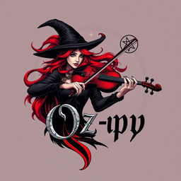 A compelling logo for 'Oz-py' showcasing a striking witch with vivid red hair, enchantedly playing a violin
