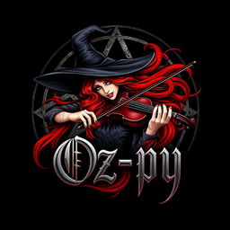 A compelling logo for 'Oz-py' showcasing a striking witch with vivid red hair, enchantedly playing a violin