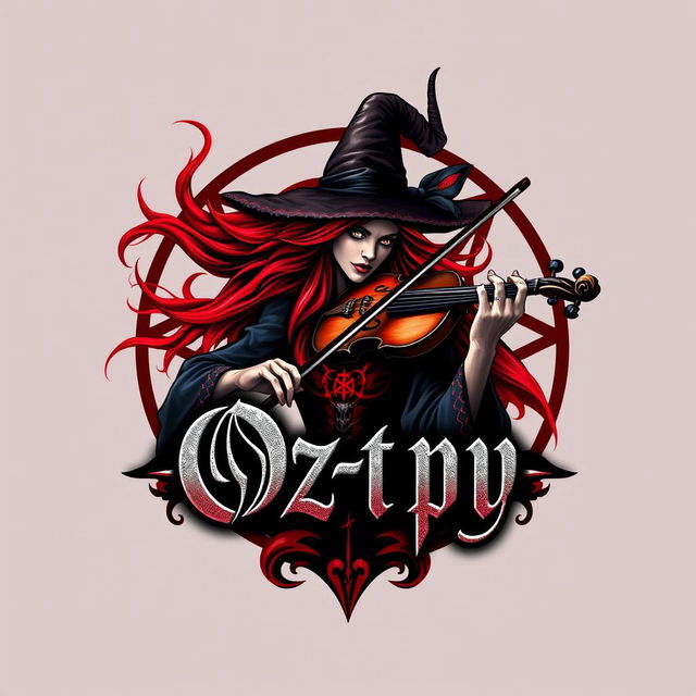 A compelling logo for 'Oz-py' showcasing a striking witch with vivid red hair, enchantedly playing a violin