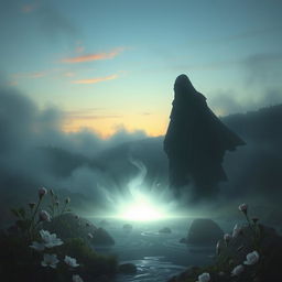 A mystical and serene scene depicting the concept of death and peace