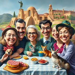 A humorous reinterpretation of a famous art piece, featuring playful caricatures and exaggerated facial expressions