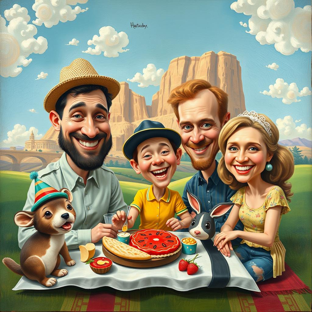 A humorous reinterpretation of a famous art piece, featuring playful caricatures and exaggerated facial expressions