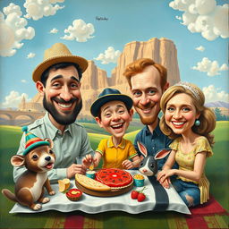 A humorous reinterpretation of a famous art piece, featuring playful caricatures and exaggerated facial expressions