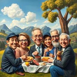 A humorous reinterpretation of a famous art piece, featuring playful caricatures and exaggerated facial expressions