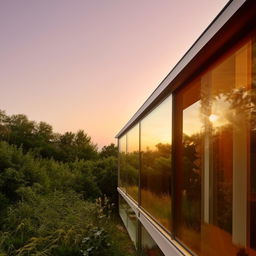 A state-of-the-art glass house during a gorgeous, golden sunset with light reflecting off its sleek, transparent walls.