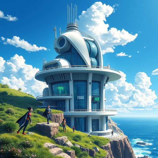 A breathtaking depiction of the Teen Titans Tower, a futuristic and sleek building standing tall on a cliff overlooking the ocean