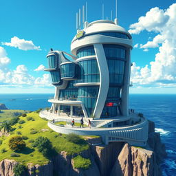 A breathtaking depiction of the Teen Titans Tower, a futuristic and sleek building standing tall on a cliff overlooking the ocean