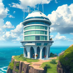 A breathtaking depiction of the Teen Titans Tower, a futuristic and sleek building standing tall on a cliff overlooking the ocean