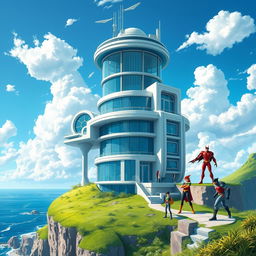 A breathtaking depiction of the Teen Titans Tower, a futuristic and sleek building standing tall on a cliff overlooking the ocean