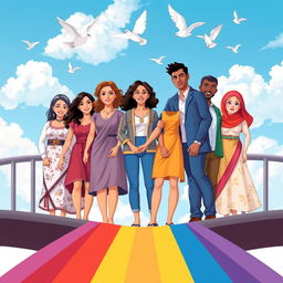 A powerful and vibrant illustration symbolizing gender equality, featuring a diverse group of people, including women and men of different ethnic backgrounds, standing together united