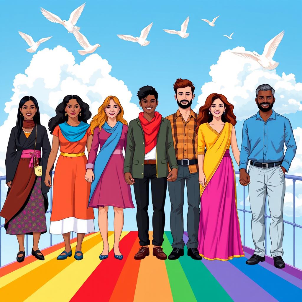 A powerful and vibrant illustration symbolizing gender equality, featuring a diverse group of people, including women and men of different ethnic backgrounds, standing together united