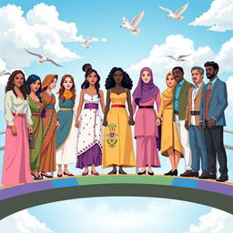 A powerful and vibrant illustration symbolizing gender equality, featuring a diverse group of people, including women and men of different ethnic backgrounds, standing together united