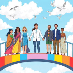 A powerful and vibrant illustration symbolizing gender equality, featuring a diverse group of people, including women and men of different ethnic backgrounds, standing together united