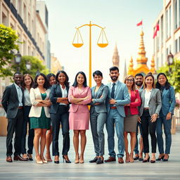 A vertical image showcasing gender equality, featuring a diverse group of individuals from different genders and backgrounds standing together in unity