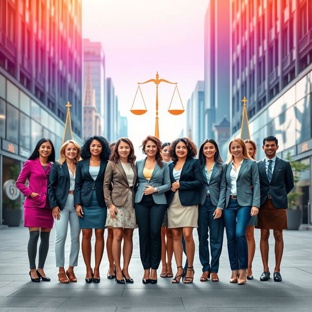 A vertical image showcasing gender equality, featuring a diverse group of individuals from different genders and backgrounds standing together in unity