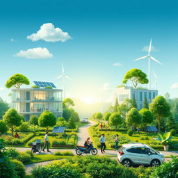 A conceptual image depicting businesses thriving in harmony with nature, illustrating innovative, eco-friendly offices surrounded by lush greenery and sustainable gardens