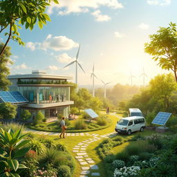 A conceptual image depicting businesses thriving in harmony with nature, illustrating innovative, eco-friendly offices surrounded by lush greenery and sustainable gardens