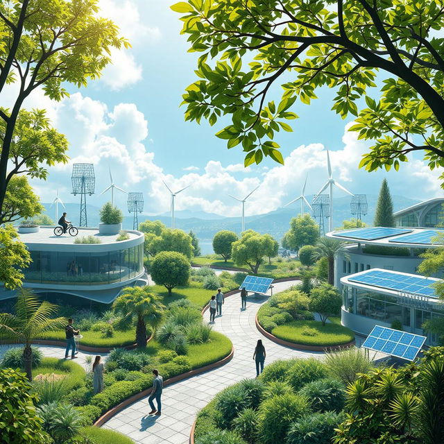 A conceptual image depicting businesses thriving in harmony with nature, illustrating innovative, eco-friendly offices surrounded by lush greenery and sustainable gardens