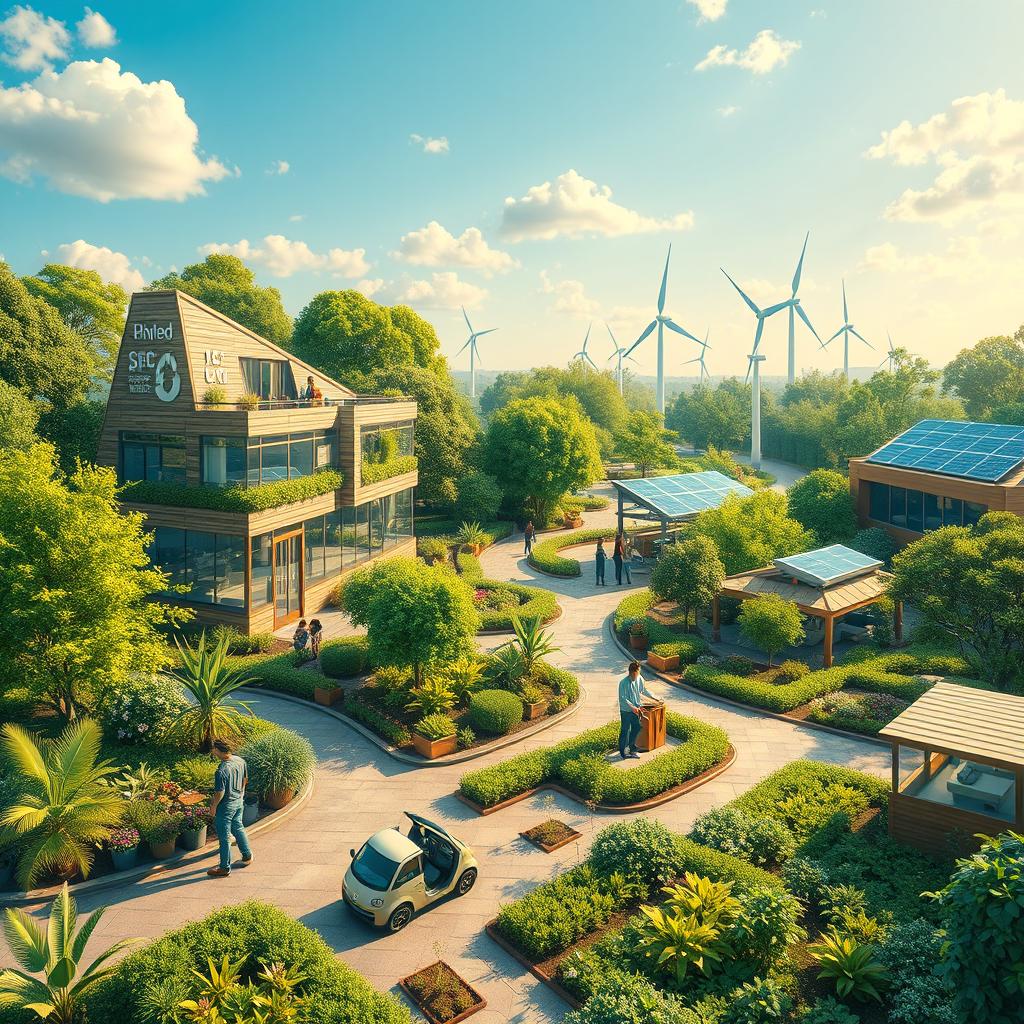 A conceptual image depicting businesses thriving in harmony with nature, illustrating innovative, eco-friendly offices surrounded by lush greenery and sustainable gardens