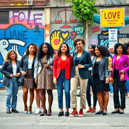 A high-resolution vertical image illustrating gender equality, featuring a diverse group of individuals from various genders and ethnic backgrounds standing together in solidarity