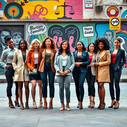 A high-resolution vertical image illustrating gender equality, featuring a diverse group of individuals from various genders and ethnic backgrounds standing together in solidarity