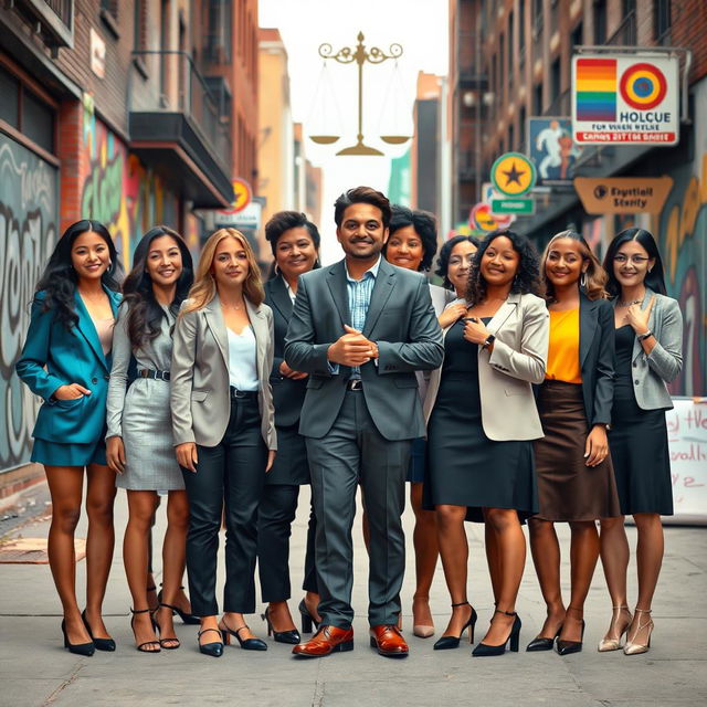 A high-resolution vertical image illustrating gender equality, featuring a diverse group of individuals from various genders and ethnic backgrounds standing together in solidarity