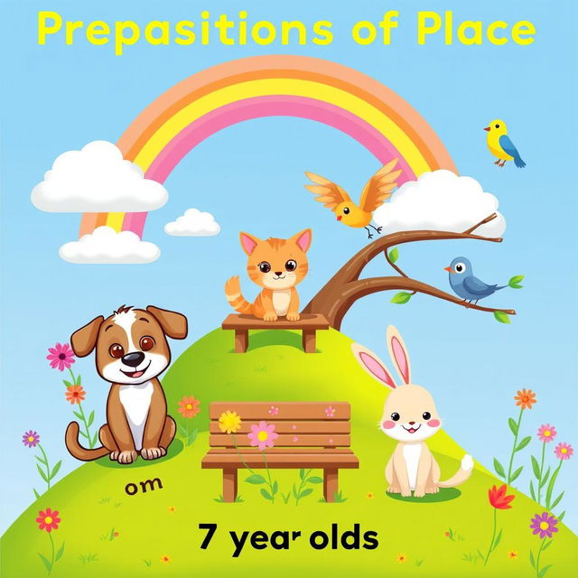 A colorful and playful illustration designed for teaching prepositions of place, featuring various cute animals in a vibrant outdoor setting